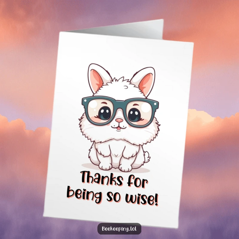 Funny Free Printable Thank You Card of a fluffy bunny wearing oversized reading glasses, thoughtfully expressing thanks.