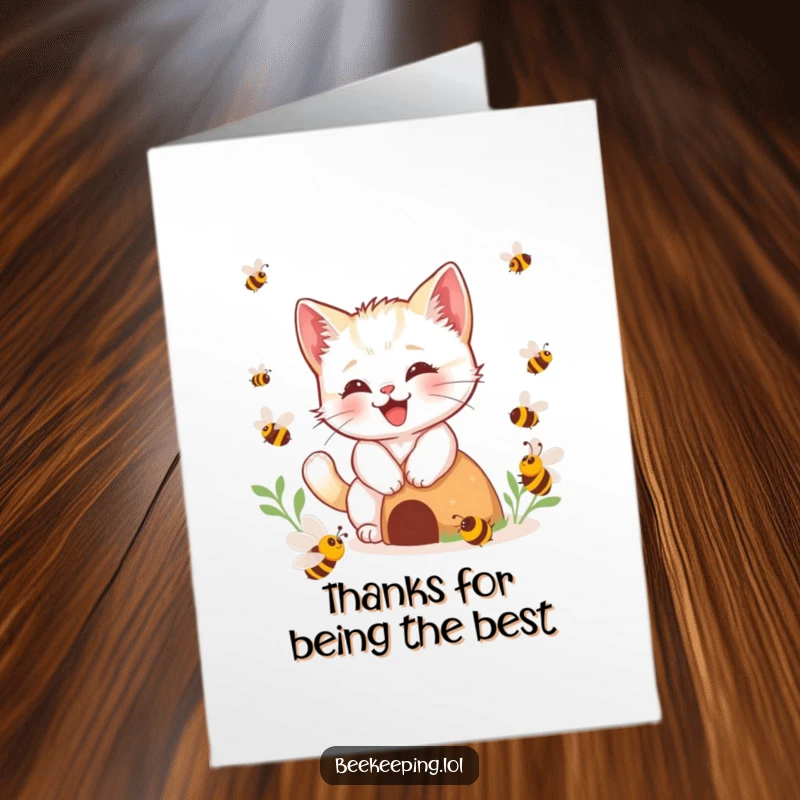 Funny Free Printable Thank You Card: Happy kitten playing near a bee hive, sending thanks.