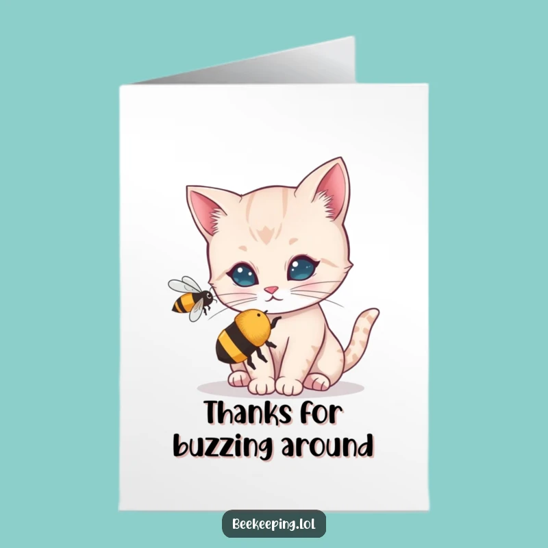 Free Printable Funny Cat Thank You Card: Curious Kitty & Bee Humorous Downloadable Gift