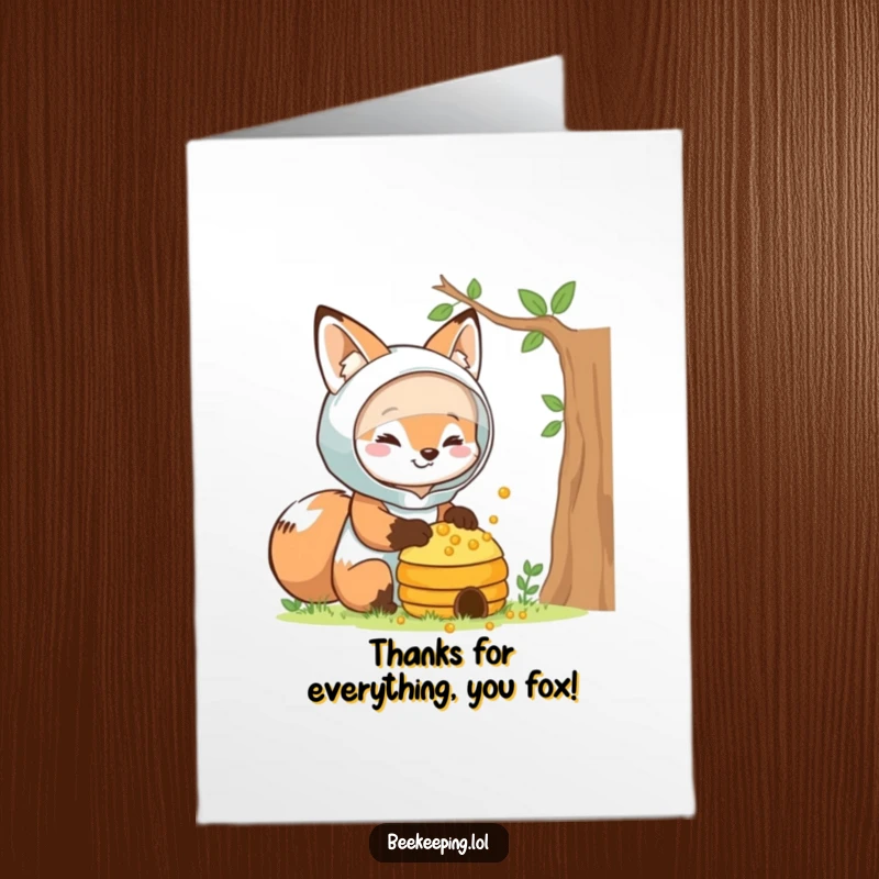 Funny Free Printable Thank You Card: Friendly fox in protective gear, expressing heartfelt thanks kindly.