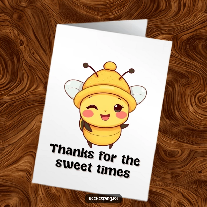 Funny Free Printable Thank You Card: A happy bee with a pollen-covered hat, buzzing thanks to you.