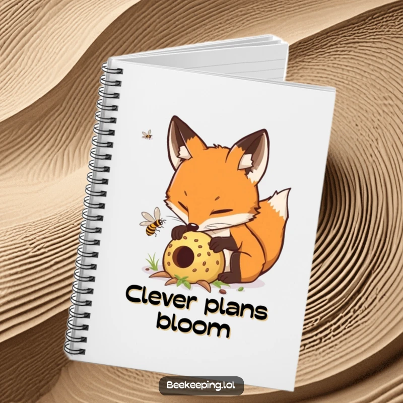 Funny determined fox carefully tending to a buzzing hive, a cute and humorous notebook for writing.