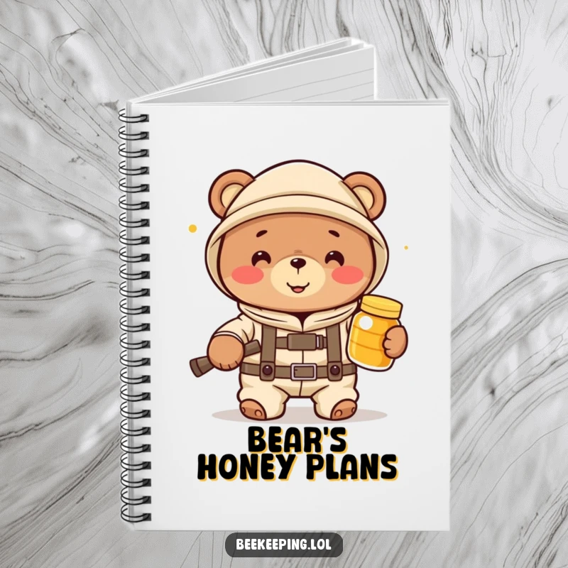 Funny bear beekeeper in a suit holding honey, inspiring creativity and smiles in a practical notebook.