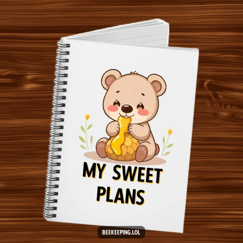 Funny smiling bear cub gently collecting honey from a dripping comb, a cute and humorous notebook for writing.