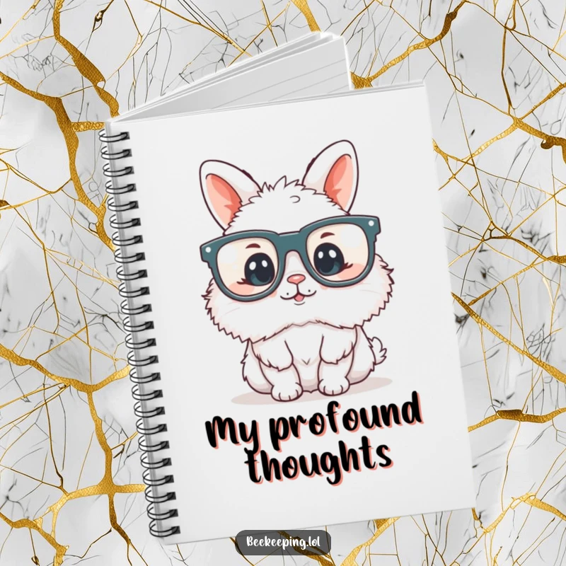 Funny fluffy bunny wearing oversized reading glasses, on a notebook cover, inspiring joy for writing and studious planning.