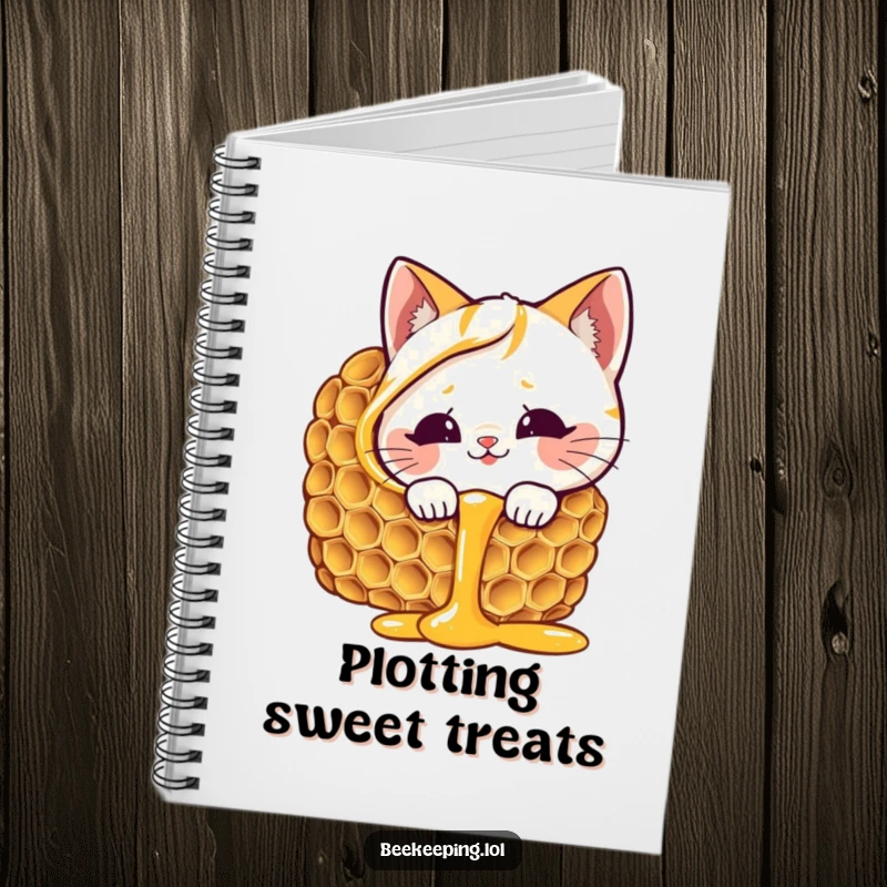Funny cat honeycomb notebook, giggling cat peeking into dripping honey, for writing and drawing, cute funny gift.
