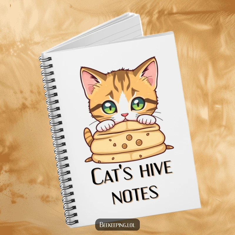Funny curious cat peering into a beehive, inspiring curiosity and detailed notes in a notebook.