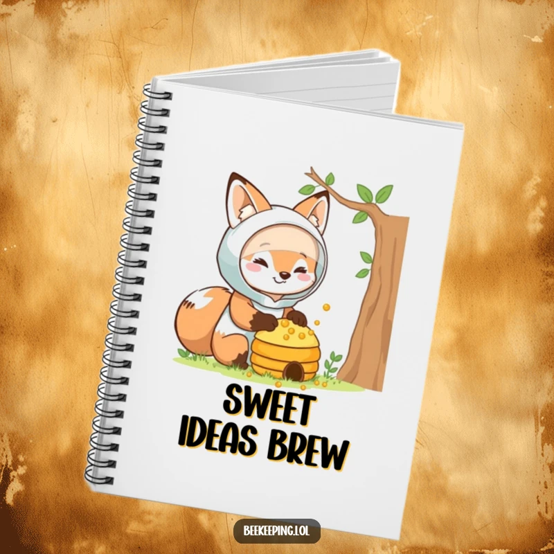 Funny fox beekeeper notebook, smiling fox in a suit, tending a beehive, for writing and drawing, cute funny gift.