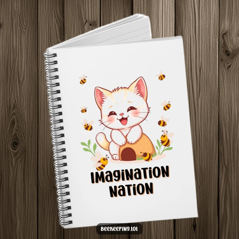 Funny kitten bee notebook, happy kitten buzzing around imaginary bees near a hive, for writing and drawing, cute funny gift.