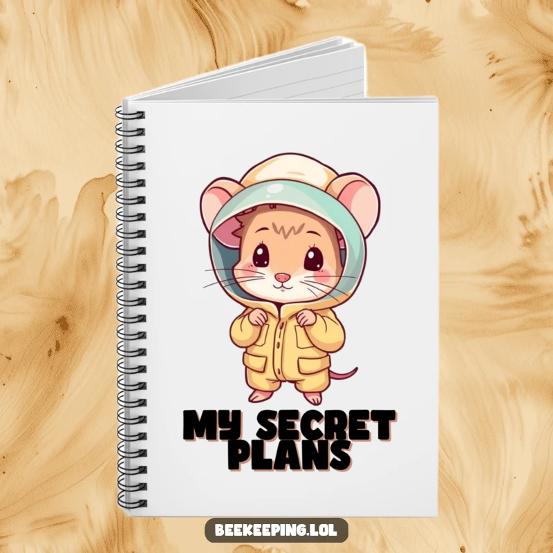 Funny shy mouse peeking from a beekeeping suit on a notebook cover, ideal for humorous journaling.