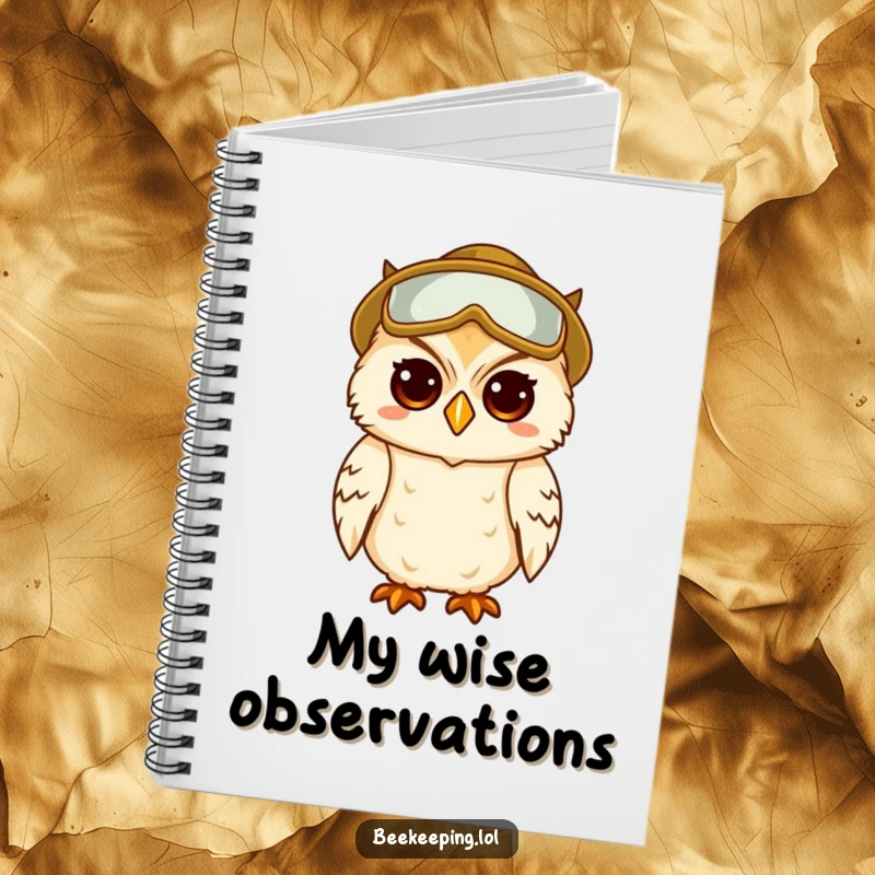 Funny notebook cover with a wise owl wearing beekeeper gear, looking amused and intelligent.