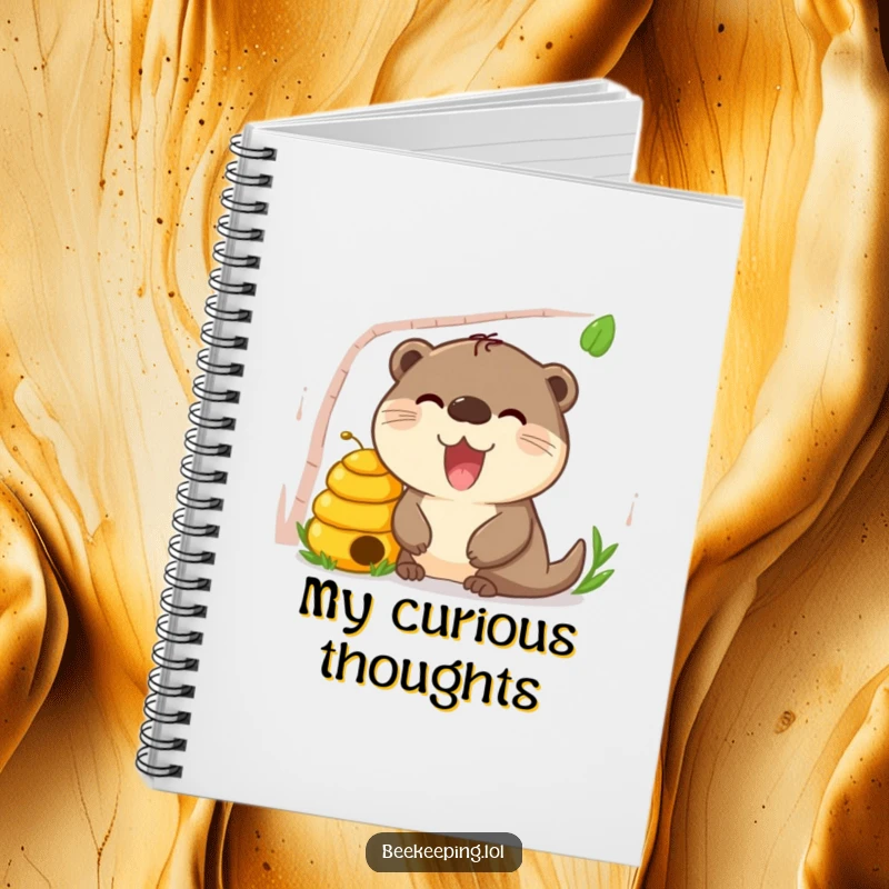 Funny Otter Beehive Notebook, cute journal, happy otter peeking curiously into a beehive, humorous animal stationery.