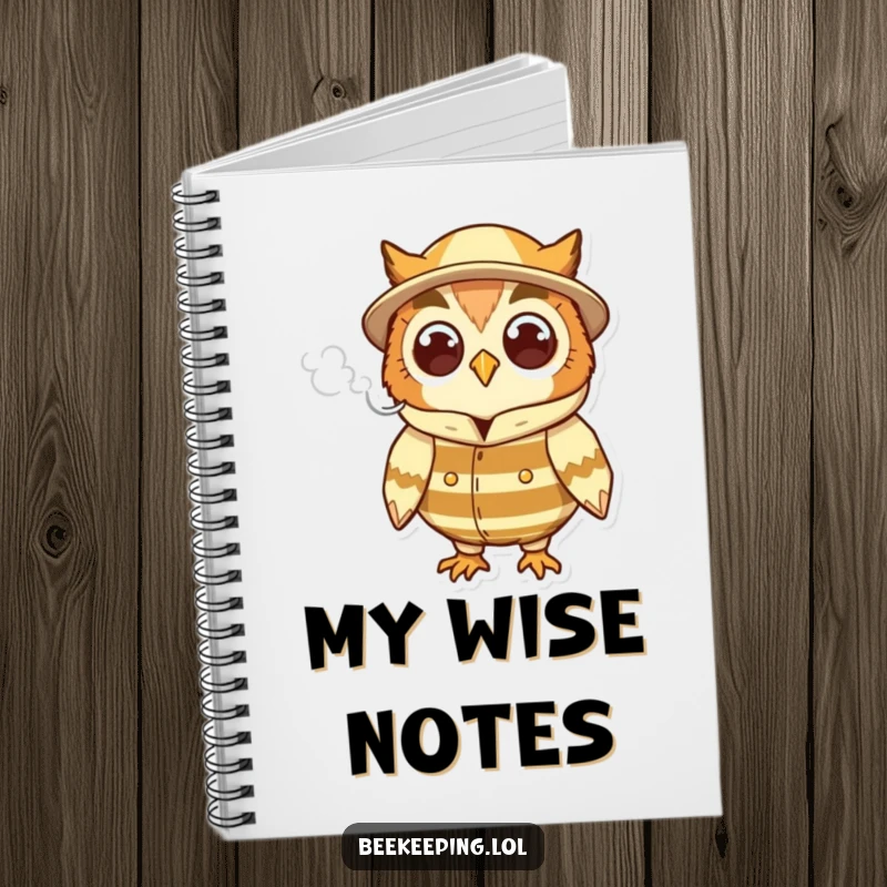 Funny cheerful owl in a beekeeper suit, holding a puff of smoke, a cute and humorous notebook for writing.