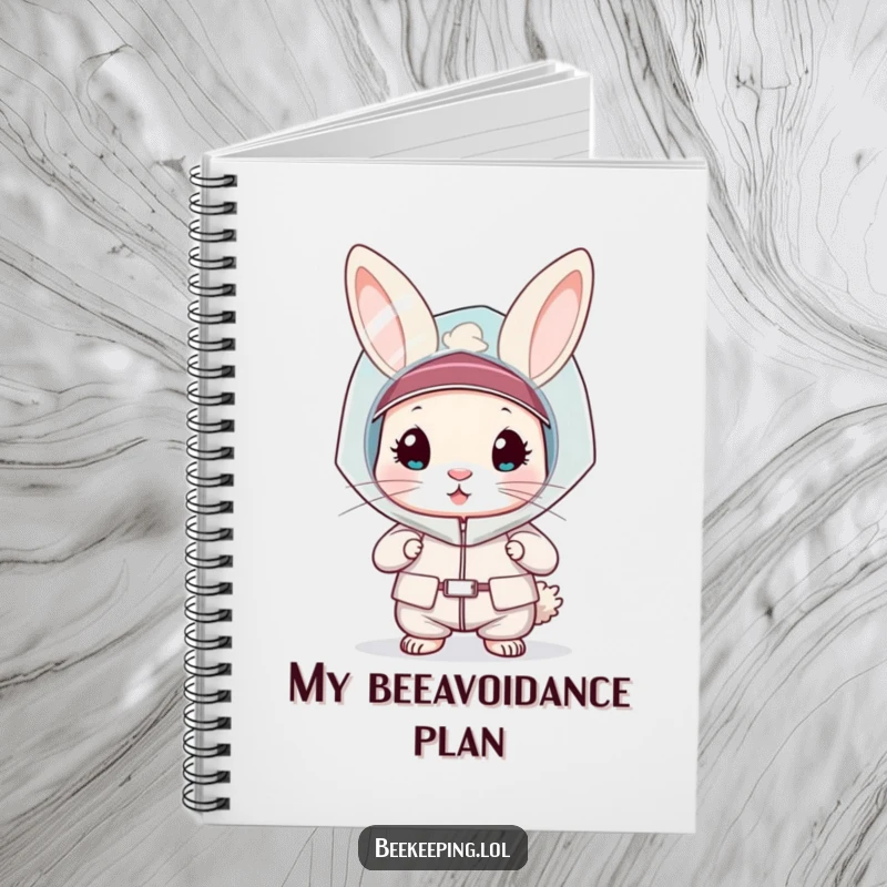 Funny rabbit in a bee veil and protective suit on a notebook, perfect for notes and sketches, humorous gift.