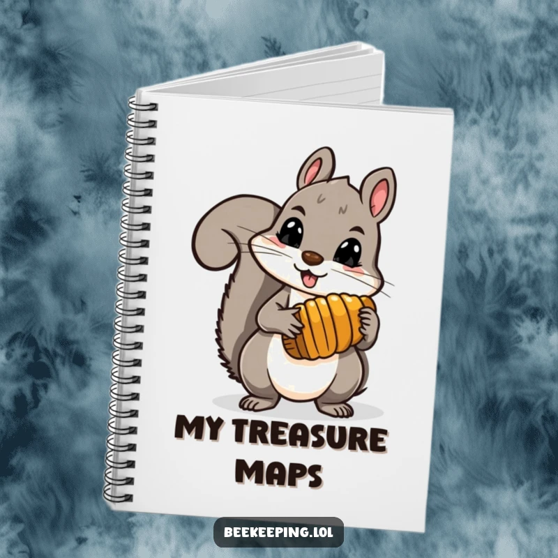 Funny brave squirrel holding a comb full of honey, on a notebook cover, inspiring joy for writing and wild planning.