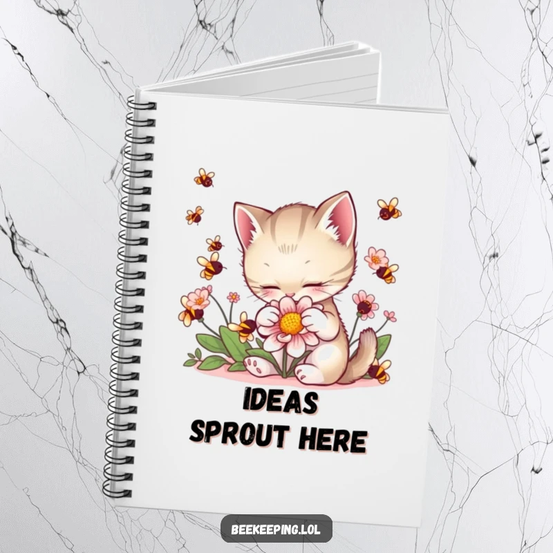 Funny Kitten Flower Notebook: A kitten gently pets a flower, surrounded by buzzing bees, ideal for journaling and note-taking.