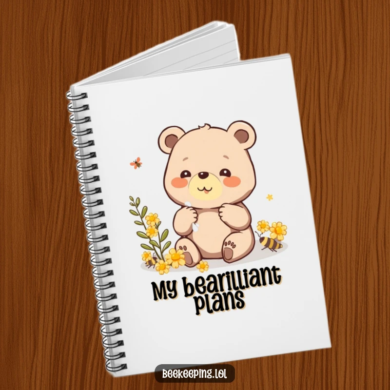 Funny notebook with a beaming bear carefully collecting propolis, perfect for jotting down notes with a heartwarming and humorous touch.