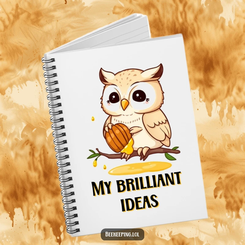 Funny notebook with a proud owl gathering honey from a honeycomb, ideal for notes, journaling, or creative brainstorming.