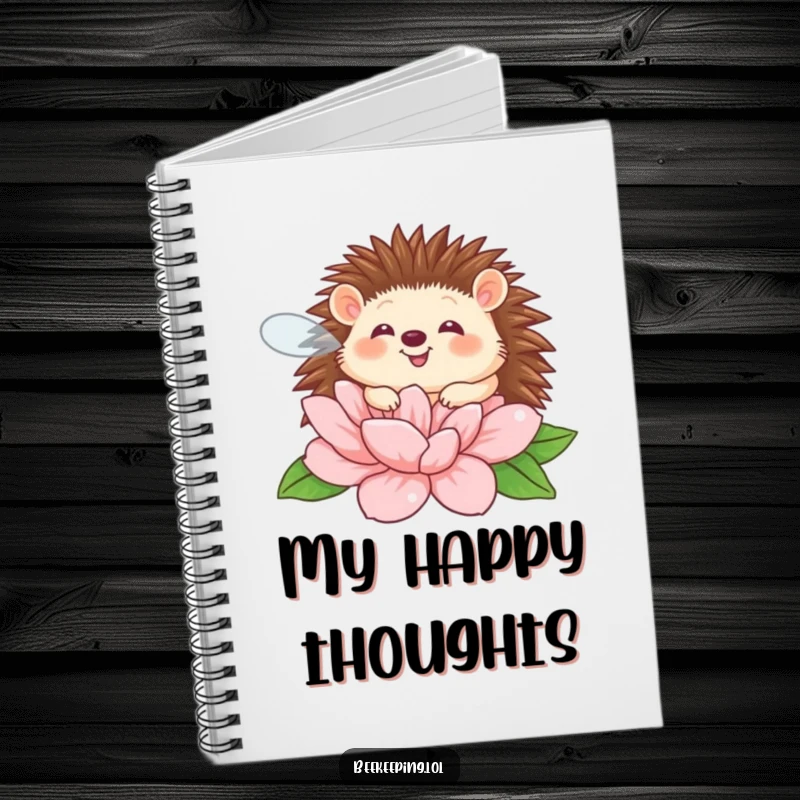 Funny giggling hedgehog buzzing around a flower on a notebook, for humorous journaling.