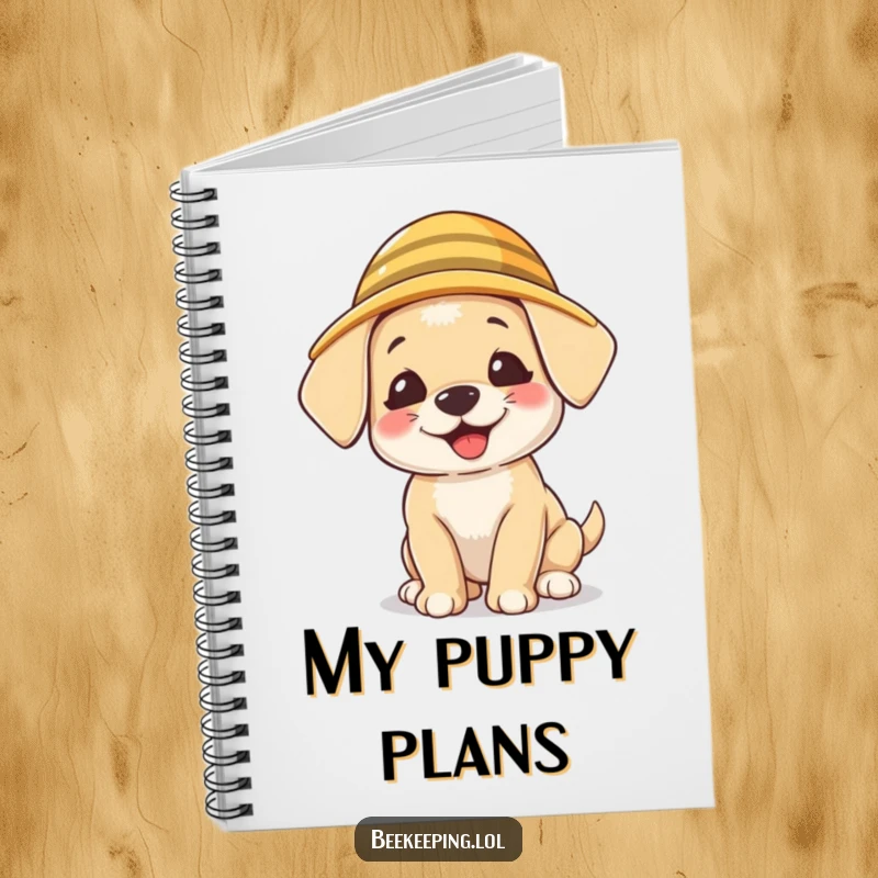 Funny Puppy Beekeeper Notebook, cute journal, a giggling puppy wearing a tiny beekeeper hat, humorous pet stationery.