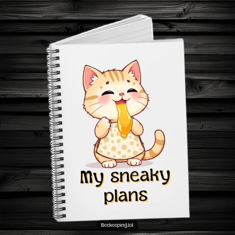 Funny playful cat wearing a patterned apron, tasting honey, a cute and humorous notebook for writing.