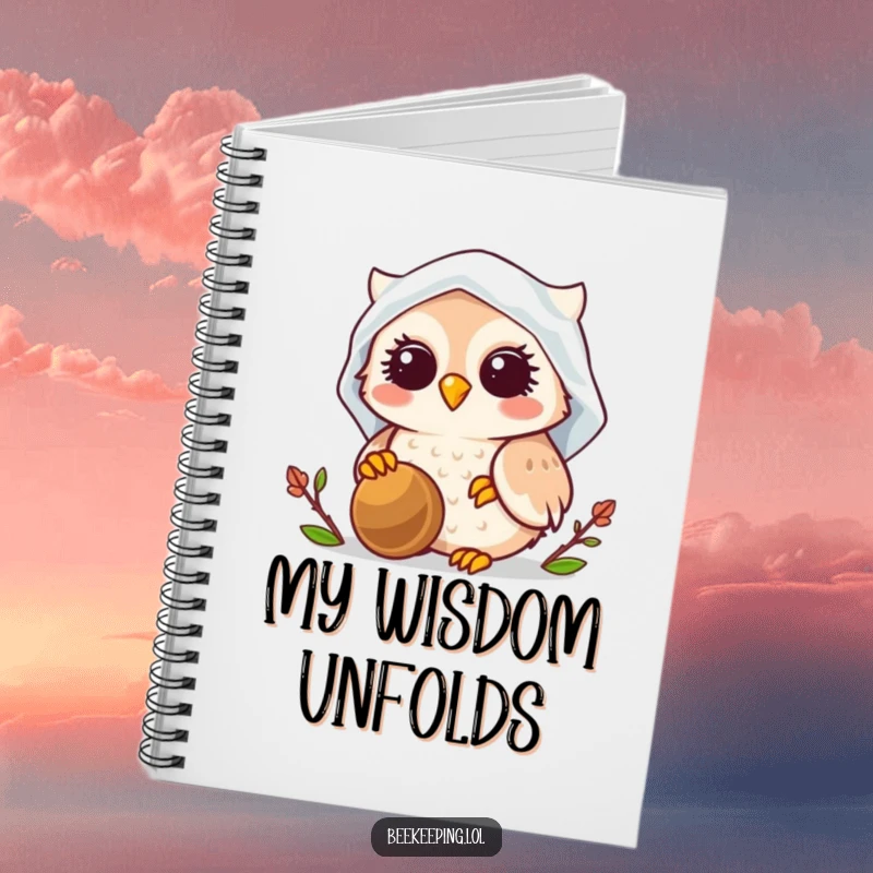 Funny Owl Beekeeper Notebook, cute journal, smiling owl wearing veil, tending a beehive, humorous stationery gift.