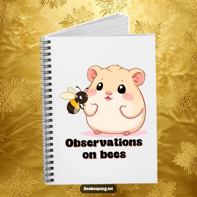 Funny Hamster Notebook with a design of a plump hamster with wide eyes staring at an oversized bee, perfect for writing with humorous surprise.
