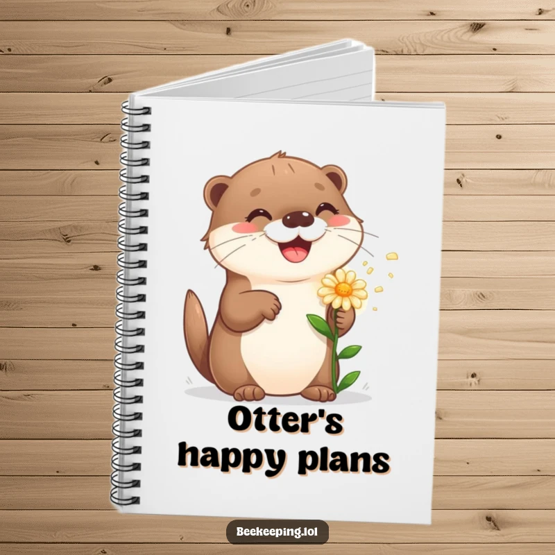 Funny playful otter sprinkling a flower, inspiring creativity and happy thoughts in a charming notebook.