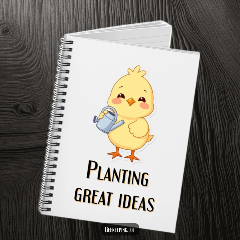 Funny chick holding a tiny watering can, featured on a notebook cover, inspiring joy for note-taking and creative planning.
