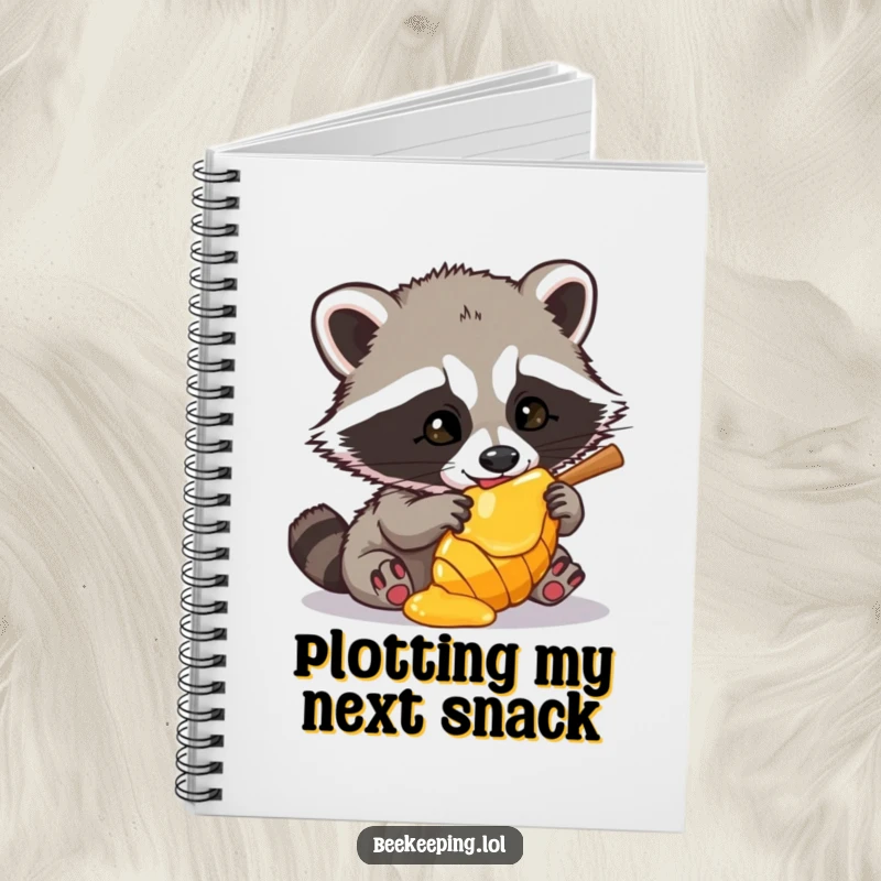 Funny Raccoon Notebook with a design of a mischievous raccoon eyeing a honey comb, ideal for jotting down notes with a humorous touch.