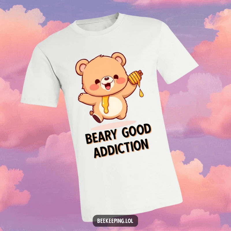 Funny T-shirt featuring a small, fluffy bear bouncing excitedly, clutching a dripping honey pot, embodying pure delight.