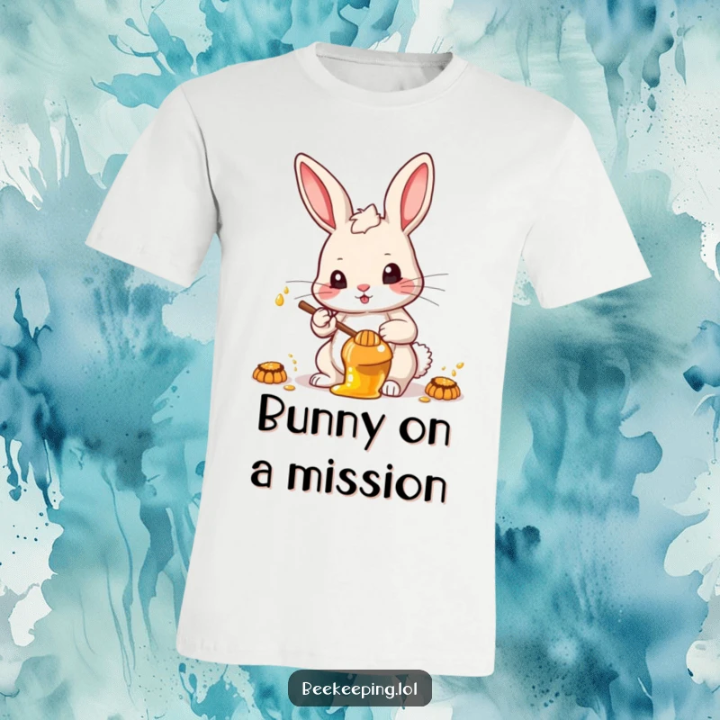 Funny determined rabbit focused on collecting honey, inspiring hard work on a comfortable t-shirt.