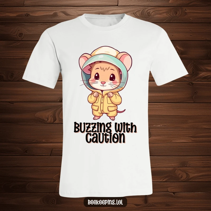 Funny shy mouse peeking out from behind a beekeeping suit, a humorous and adorable graphic tee for animal lovers.