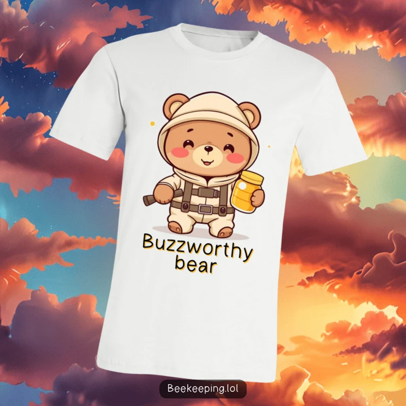 Funny bear beekeeper in a suit holding honey, radiating happiness and a love for beekeeping on a comfortable t-shirt.