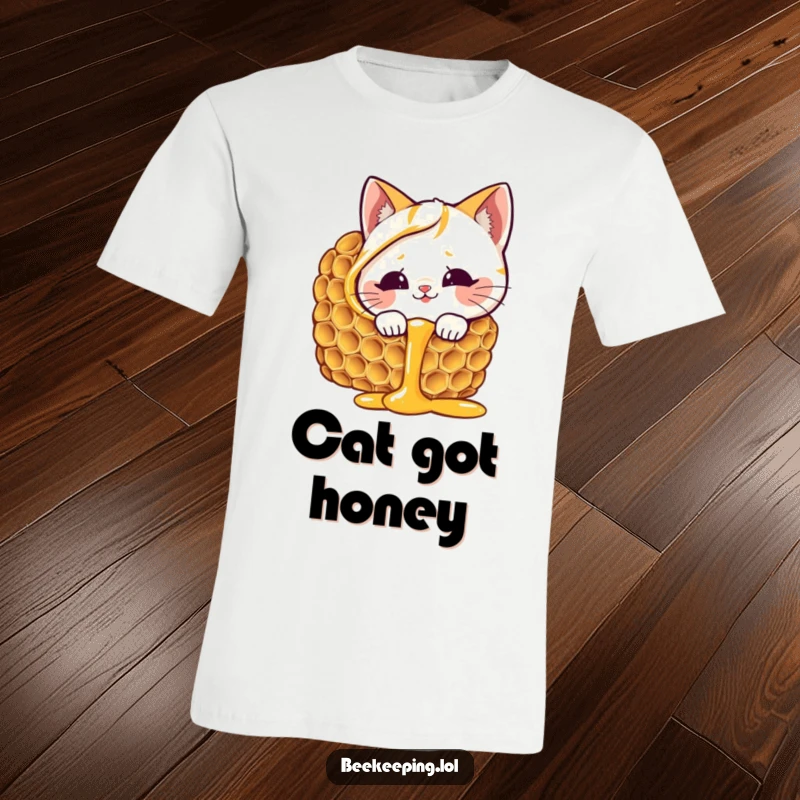 Funny cat honeycomb t-shirt, giggling cat peeking into dripping honey, curious expression, playful and sweet design.