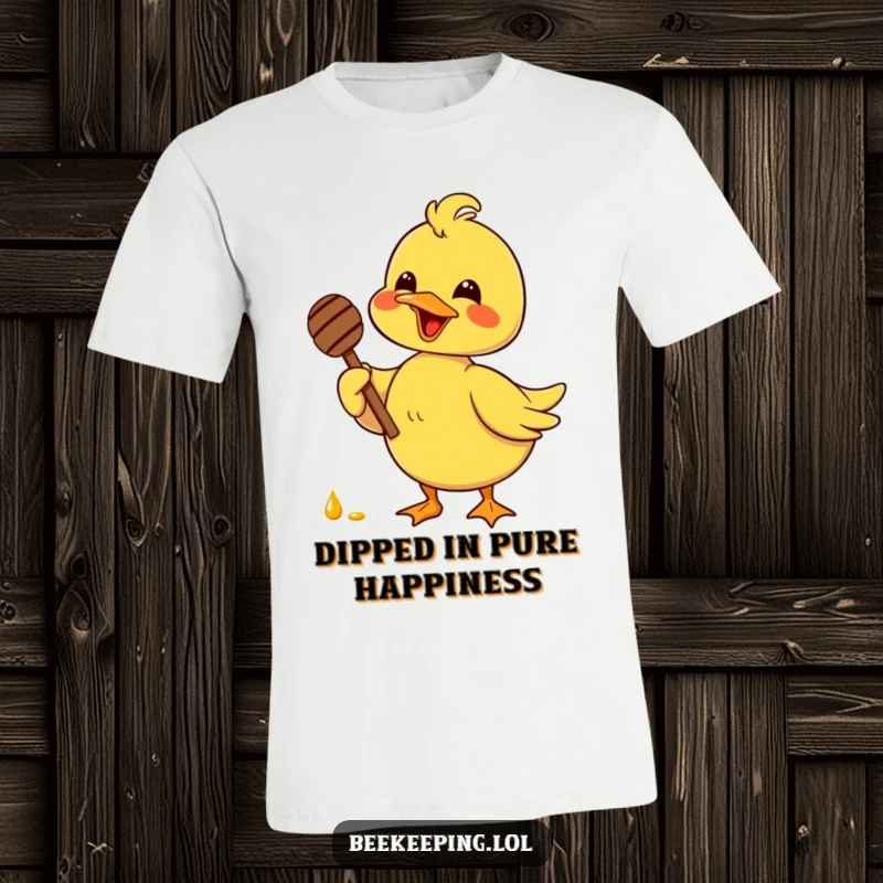 Funny delighted duck holding a honey dipper with great glee, featured on a t-shirt, celebrating sweetness and avian charm.