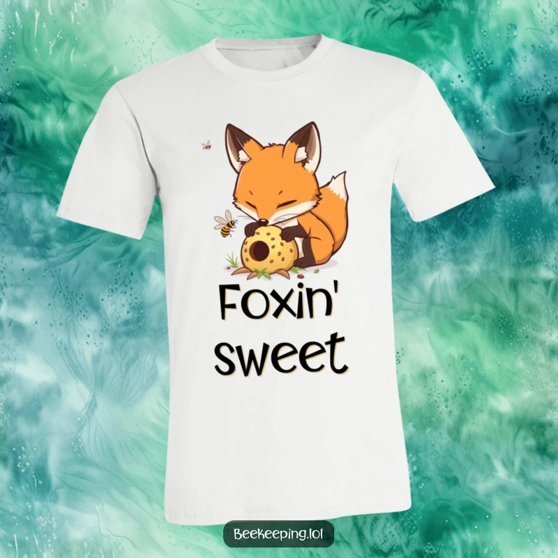 Funny determined fox carefully tending to a buzzing hive, a humorous graphic tee for nature enthusiasts.