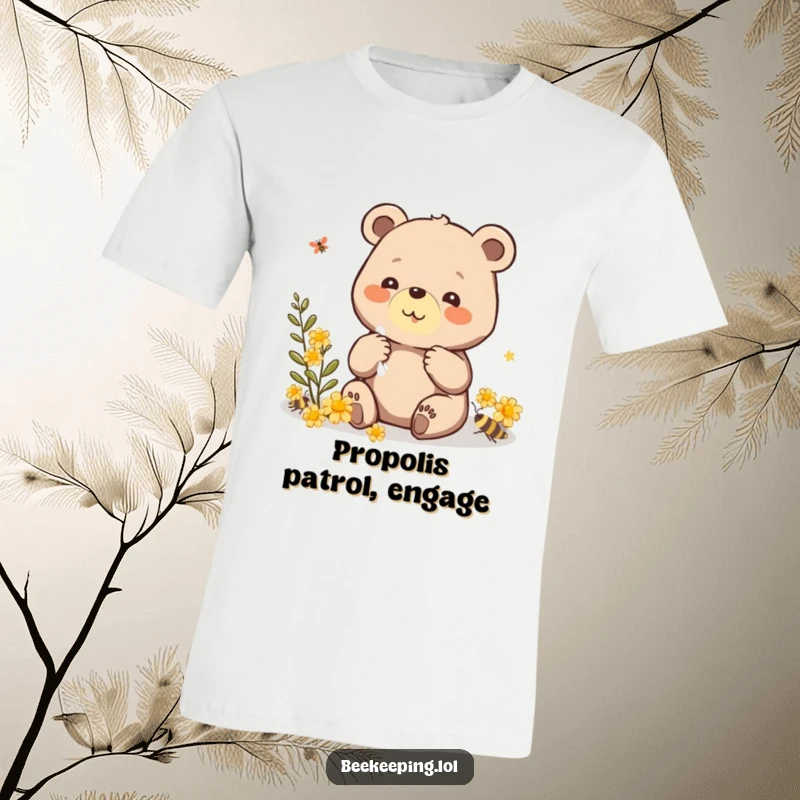 Funny t-shirt design of a beaming bear attentively collecting propolis, highlighting its gentle nature and dedication to its work.
