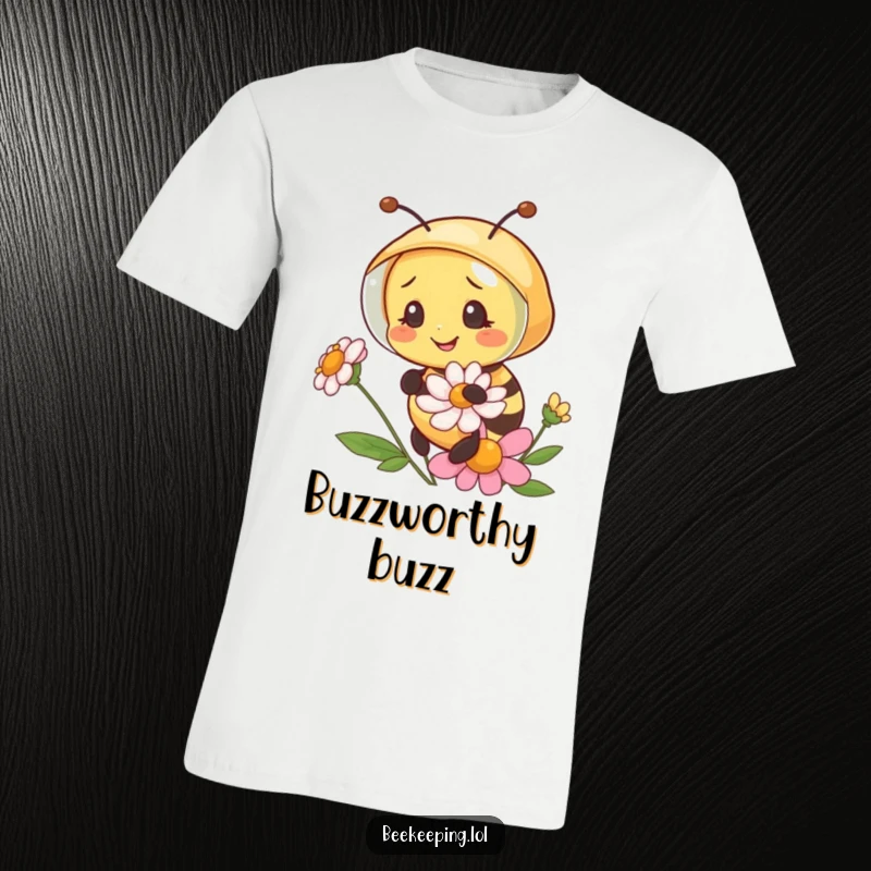 Funny happy bee in a tiny beekeeper veil, examining a colorful flower, a delightful graphic tee for nature lovers.