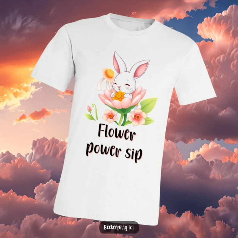 Funny Bunny T-Shirt: A whimsical bunny with a mischievous grin, sipping nectar from an oversized, vibrant flower.