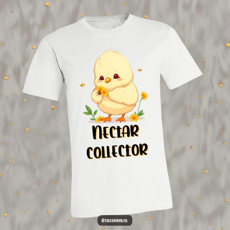 Funny T-shirt depicting a fluffy chick assisting in nectar collection from a vibrant flower. Humorous and charming apparel.