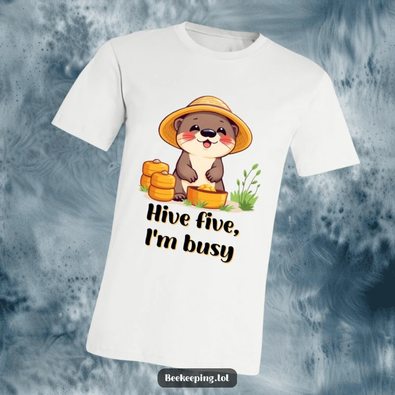 Funny t-shirt of a giggling otter wearing a straw hat, busy tending beehives, showcasing a joyful and humorous personality.