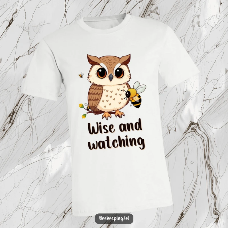 Funny t-shirt featuring a curious owl with large eyes, intently watching the busy movements of bees, conveying observation and humor.