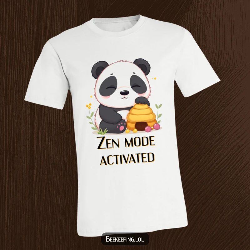 Funny Panda T-Shirt depicting a sleepy panda cub sitting calmly beside a peaceful beehive, a humorous illustration of pure relaxation.