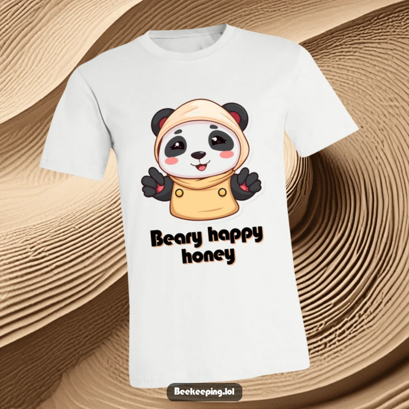 Funny Panda Beekeeper T-Shirt: A panda with a beekeeper veil smiles, looking adorable while protecting bees.