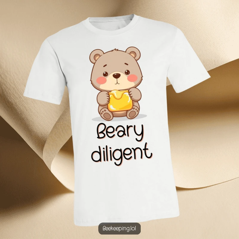 Funny T-shirt depicting a proud bear gently cradling a frame of delicious golden honey. A humorous and charming design for bear enthusiasts.