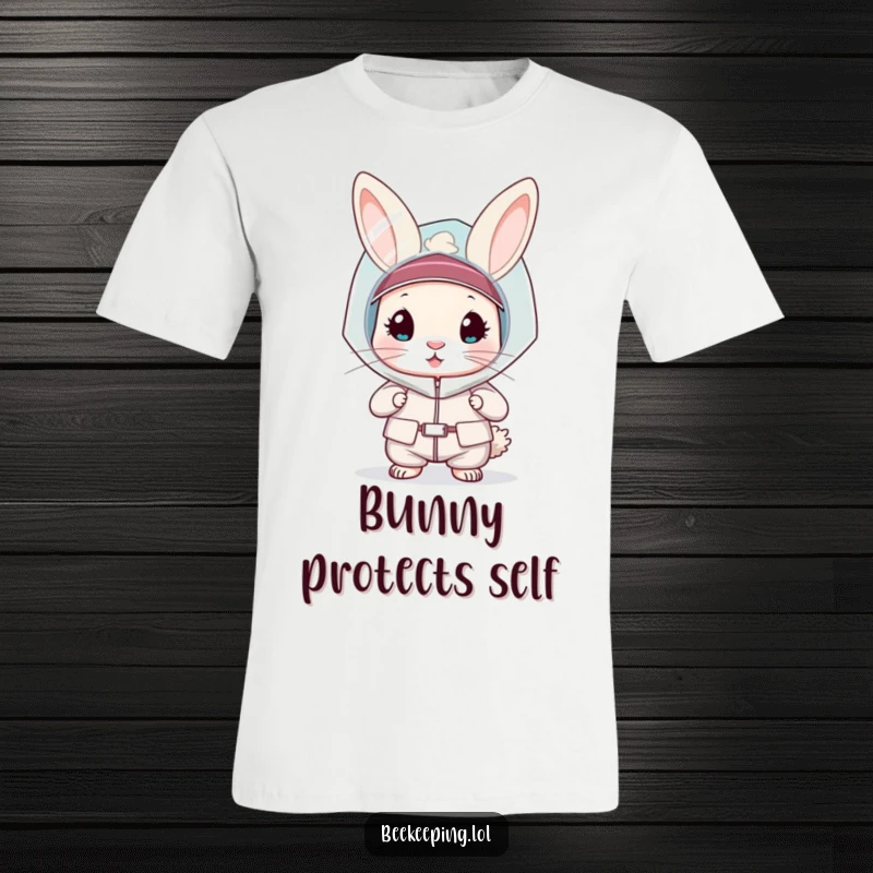 Funny rabbit in a bee veil and protective suit on a t-shirt, promoting bee conservation, humorous gift.