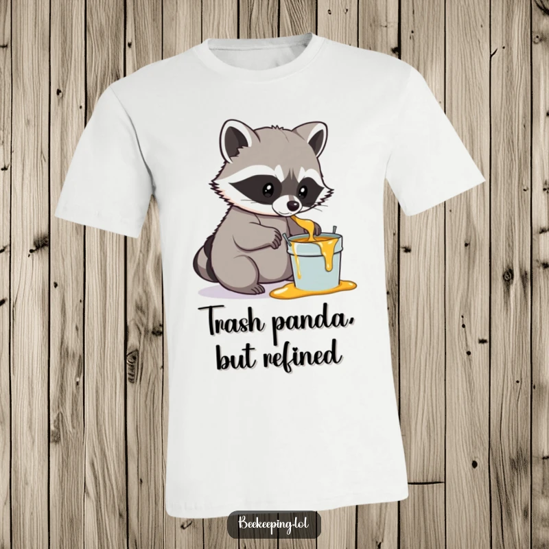 Funny Raccoon Honey T-Shirt, a determined raccoon gently scooping honey into a small pail, humorous woodland creature graphic.