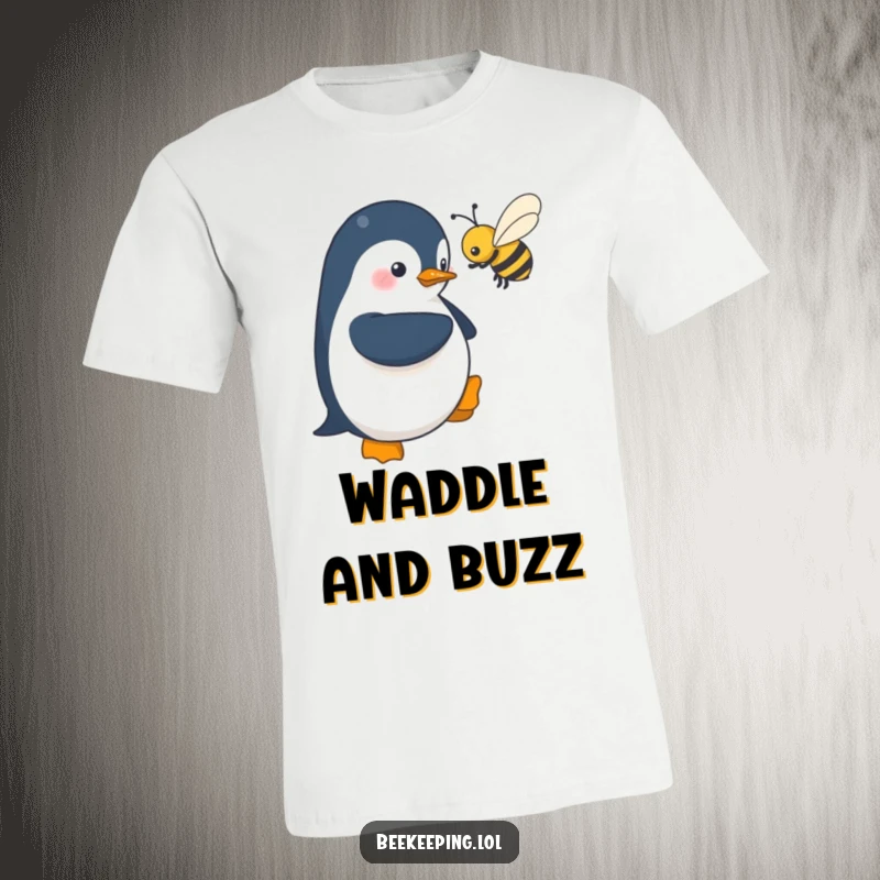 Funny t-shirt: a shy penguin hesitantly hovers near a busy buzzing bee, capturing a moment of quiet, humorous apprehension.