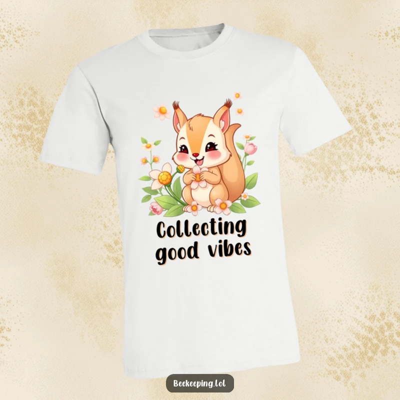 Funny t-shirt with a smiling squirrel engrossed in collecting nectar from a blooming flower, conveying joy and nature's beauty.